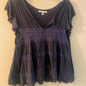 American Eagle Flowy Embroidered Top Medium Dark Grey